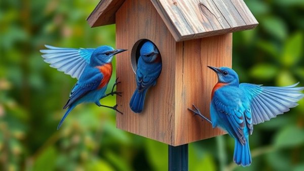 Bluebirds on birdhouse with feeder for attracting bluebirds.