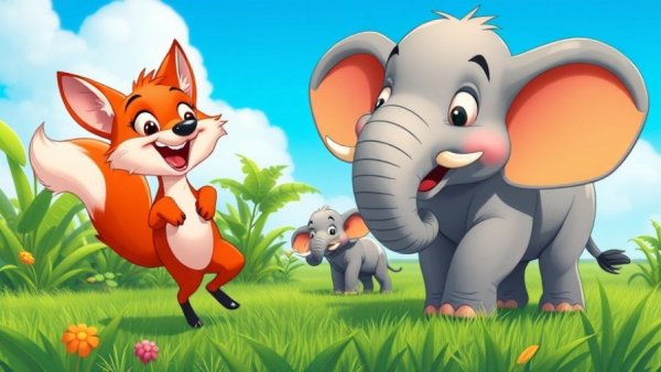 Funny cartoon of animals interacting in a bright forest, colorful and detailed.
