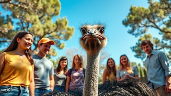 Animal Sanctuary visitors interacting with an emu outdoors