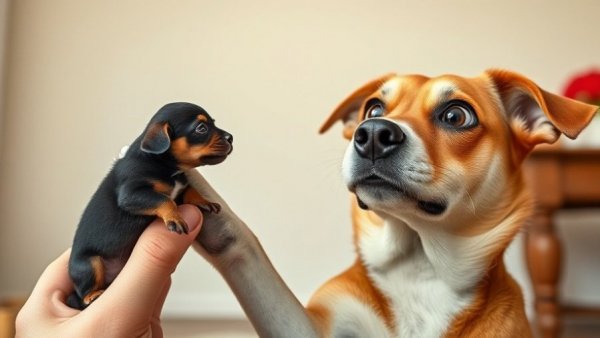 Funny dog surprised by tiny puppy in a photorealistic scene.