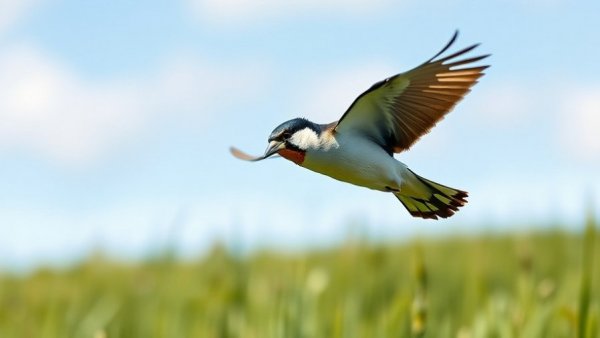 Lark Bunting in flight over a meadow, representing bird friendly ranching certification.