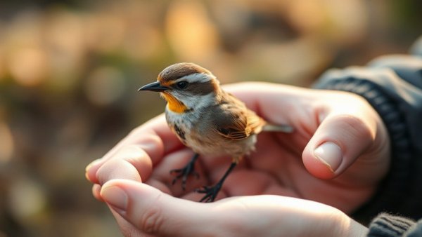 Hands gently holding a migratory bird for GPS tracking, close-up.