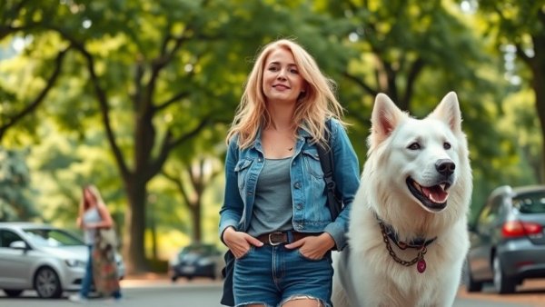 Woman standing with white dog in park, enjoying travel with dog.