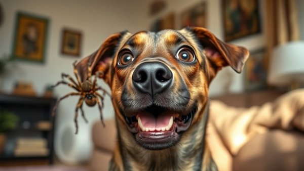 Funny dog reacting to a spider in a playful setting.