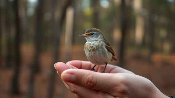 Swainson's Warbler nestled in hands, forest background.