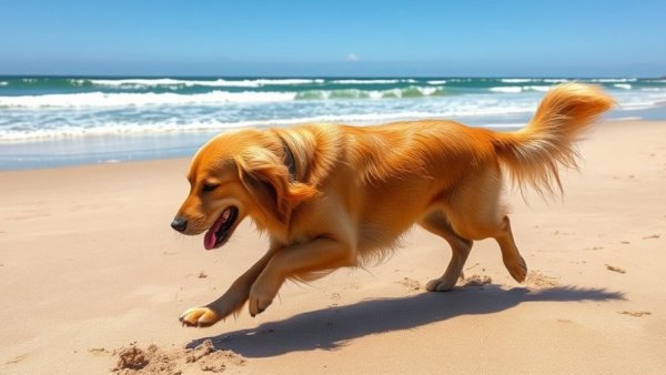 Playful golden retriever chasing its tail at the beach, exploring Why Dogs Chase Their Tails.
