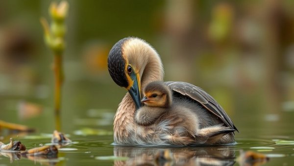 Nurturing marsh bird caring for chick, highlighting importance of water levels.