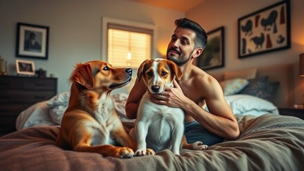 Cozy bedroom with man rubbing neck as two dogs rest on the bed.