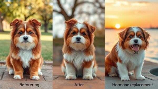 Series of dog transformation images showing spaying and neutering benefits.