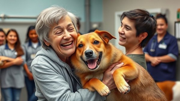 Heartwarming dog adoption scene in a shelter.