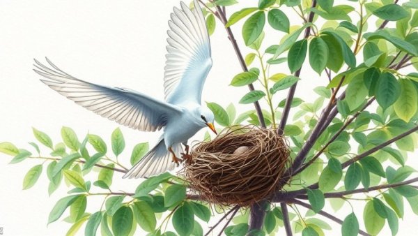 Bird in watercolor flying to nest on tree, Birdy Books for Summer Reading.