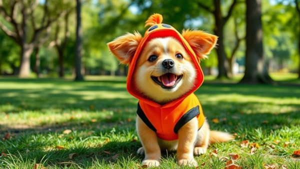 Funny dog in costume sitting joyfully in park, Cartoon Style.