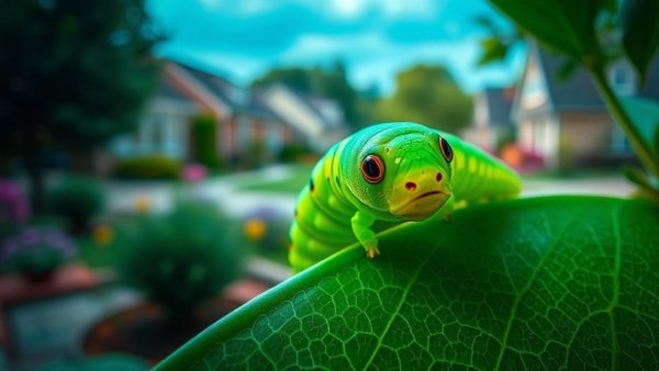 Green caterpillar on leaf, showcasing insect photography tips.