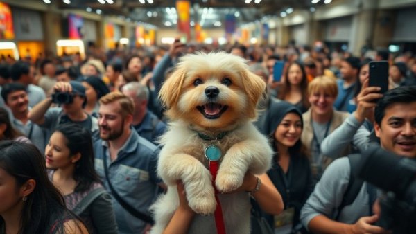 Crowd at indoor event with people holding a fluffy dog, travel with dog.