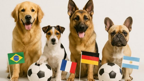 Various dog breeds with soccer balls and World Cup nation flags