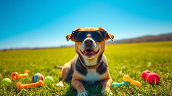 Funny Dog Stuff: Dog in sunglasses on a lawn with toys, sunny day.