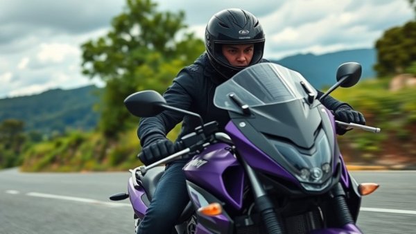 Rider on purple motorcycle traveling scenic road, vibrant greenery
