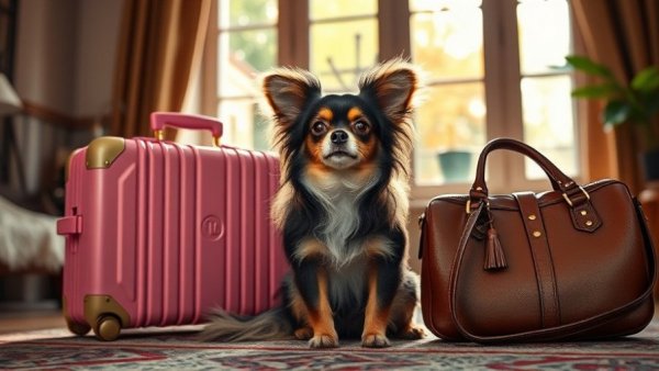 Traveling with a chihuahua, cute dog by luggage