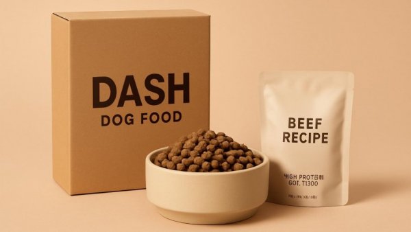 Best high-protein dog food packaging and bowl