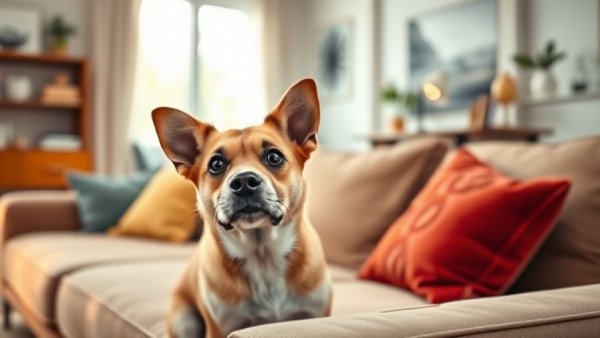 Cute dog with funny reaction on couch, living room scene