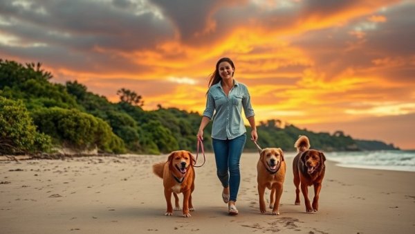 Couple traveling with dogs on a beach during sunset