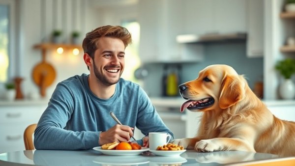Young man dining with dog in a kitchen, travel with dog