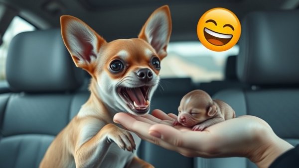 Funny dog reactions with surprised chihuahua and puppy in car