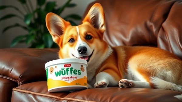 Corgi with Wuffes calming chews on a couch.