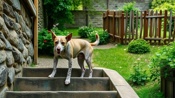 Pet adoption stories: speckled dog stepping down stairs by garden fence.