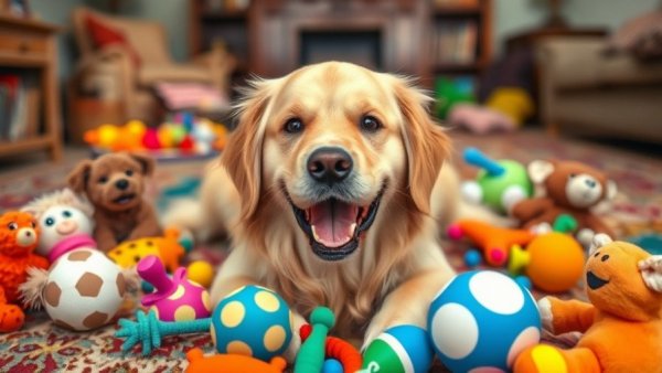 Playful dog surrounded by funny toys in a cozy room.