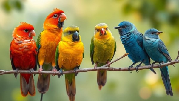 Colorful birds of the rainbow perched on branches in nature.