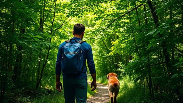 Pet friendly travel in a forest with man and dog hiking.