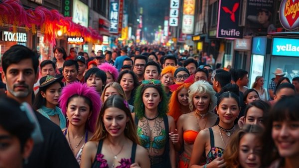 Colorful crowd in vibrant outfits at a lively night scene