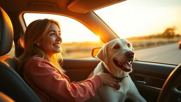 Joyful travel with dog; woman and white labrador in car.