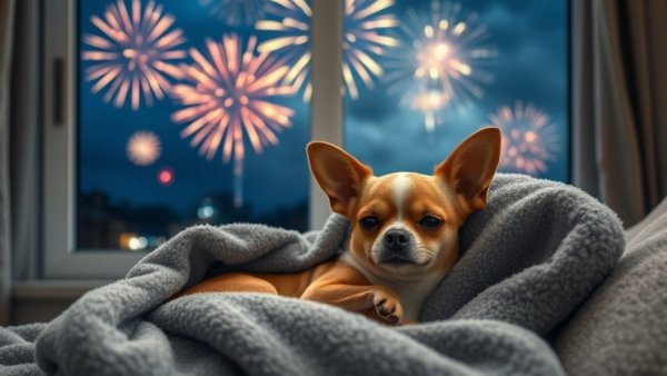 Calm chihuahua during fireworks and thunderstorms with cozy blanket