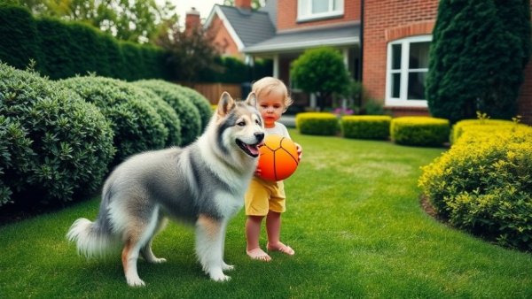 Fluffy dog and child in garden near invisible fence for dogs