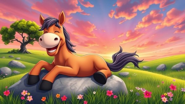 Humorous cartoon horse and pig in vibrant meadow