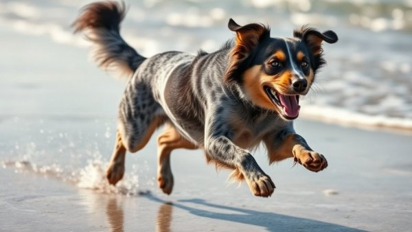 Mottled coat dog breed running on beach, known for health.