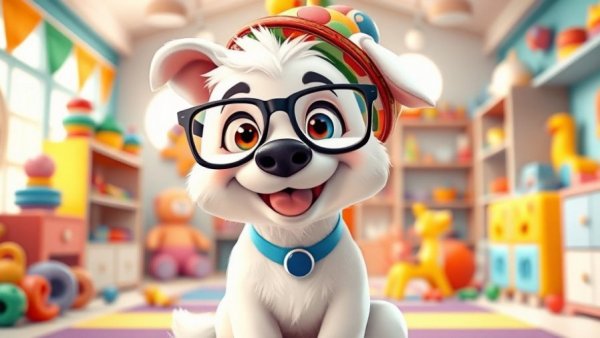 Funny Dog Stuff: playful cartoon dog in a vibrant, toy-filled room.