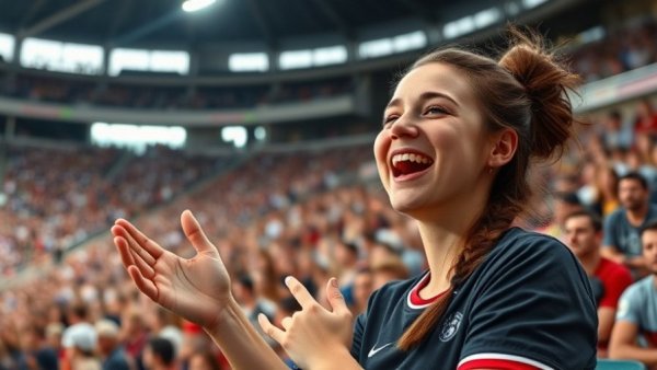 Enthusiastic soccer fan cheering at a stadium event