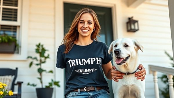 Woman with Triumph shirt and dog on porch, classic kickstand fail