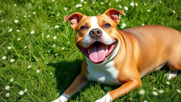 Healthy Pit Bull on grass illustrating wellness tips.