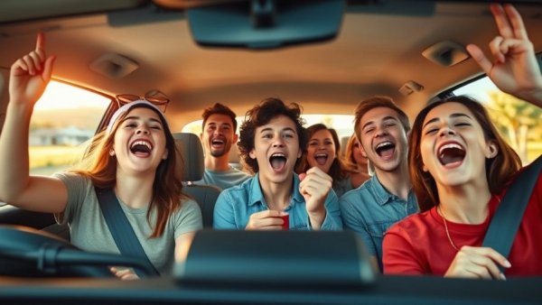Young group in car celebrates soccer win, vibrant scene