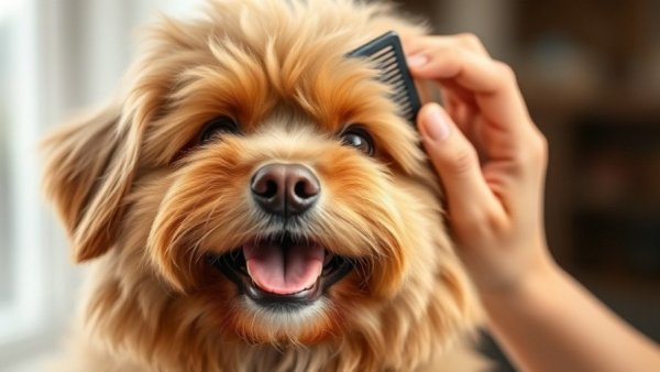Brown fluffy dog being groomed happily indoors
