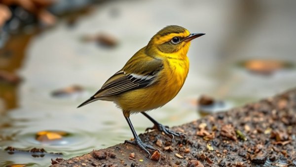 Yellow-breasted Chat perched by a water pond in natural habitat.