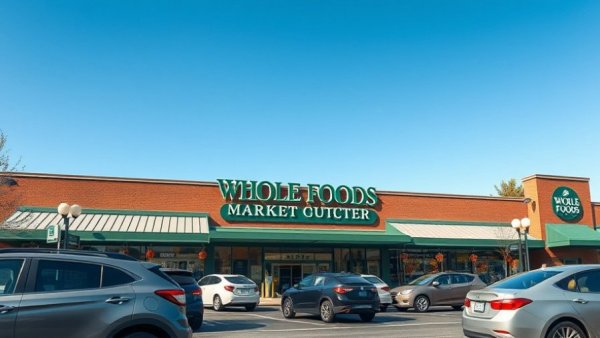 Whole Foods Market entrance with parked cars under blue sky