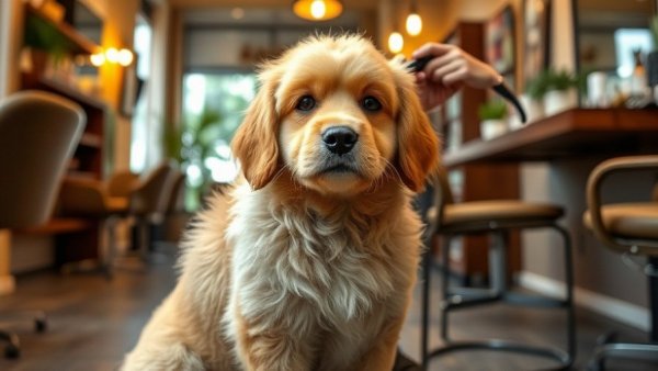 Golden dog getting styled in salon chair