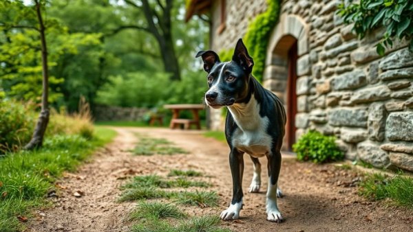Dog by rustic stone house, It's OK When You Need Help, nature scene