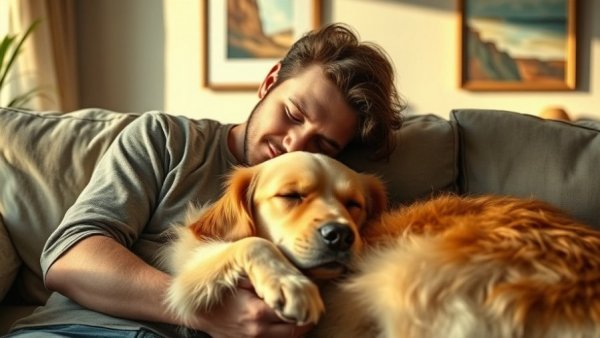 Relaxing moment of a person napping with a dog on a couch, travel with dog