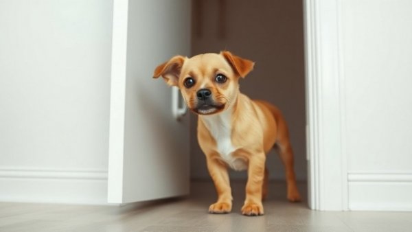 Curious dog peeking through a door, evokes 'why does my dog check on me' curiosity.